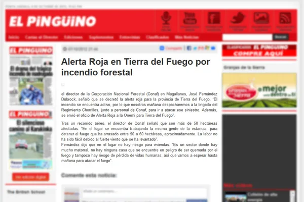 El incendio en Tierra del Fuego chilena, reflejado por el diario El Pingüino.