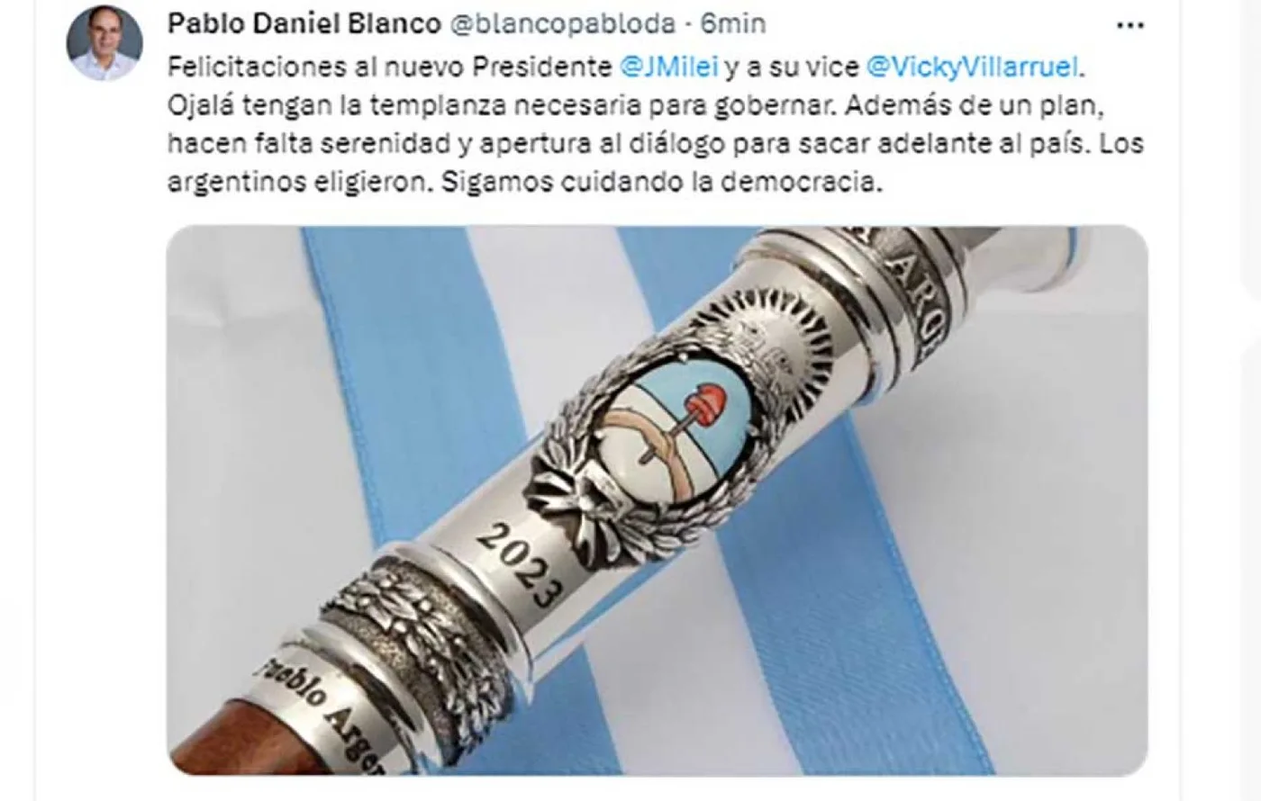 Pablo Daniel Blanco felicitó a Javier Milei en redes sociales