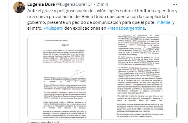 La senadora Duré exige explicaciones al presidente Milei y al ministro Petri